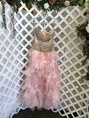 Sherri Hill Pink Beaded Strapless Mini Dress Tulle Overlay Ruffle Formal Size 6